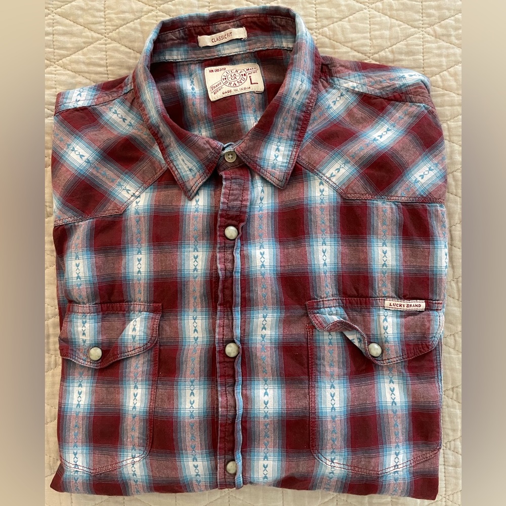 LUCKY BRAND Woven Check Print Snap Front Patch Pocket Chores Shirt Size L